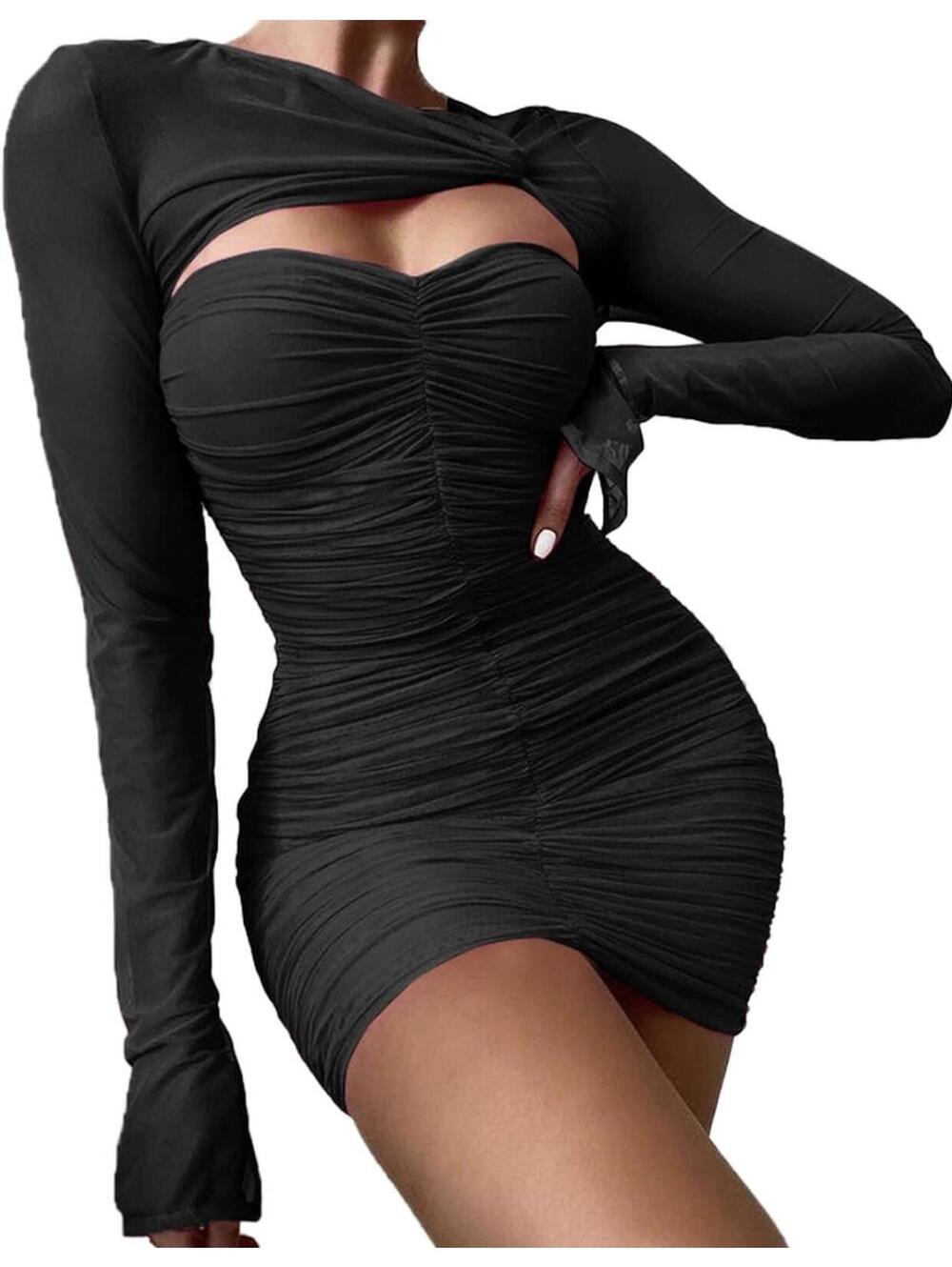 Sexy, form-fitting (bodycon) mini dress featuring ruching, long sleeves, Size S